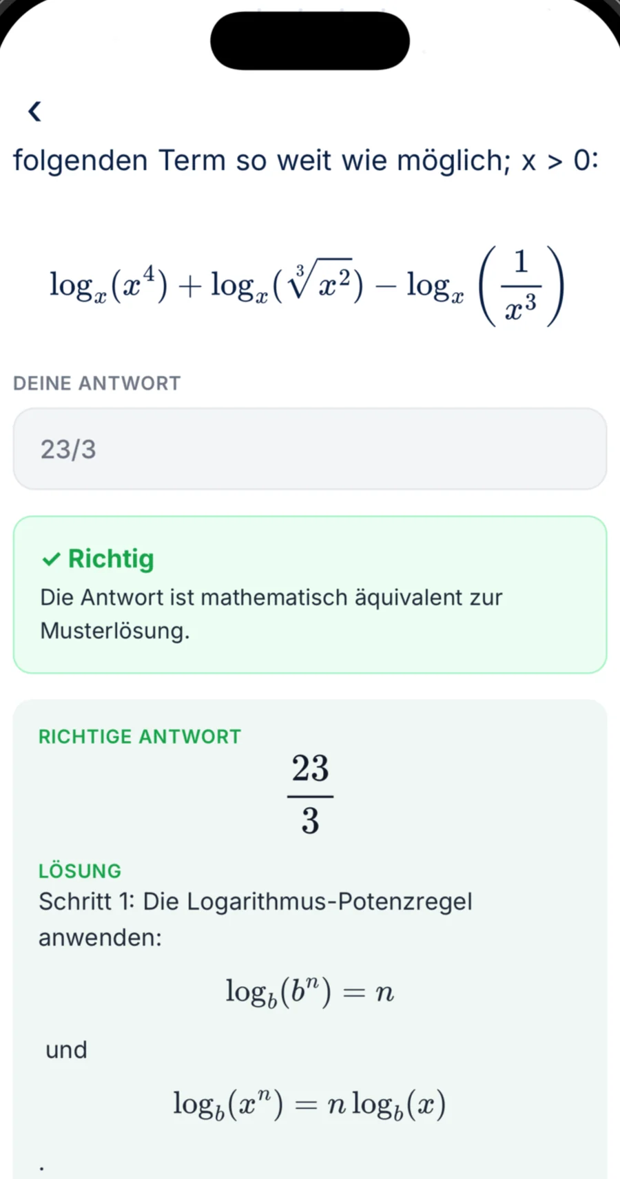 Mathe-Aufgabe zu Logarithmen mit geprüfter Antwort und Lösungsweg