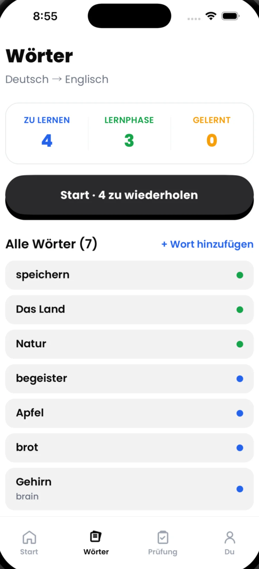 Vokabeltrainer mit Lernstand: zu lernen, Lernphase, gelernt